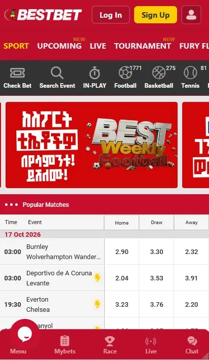 Bestbet mobile interface with football matches and odds, where support is also reachable